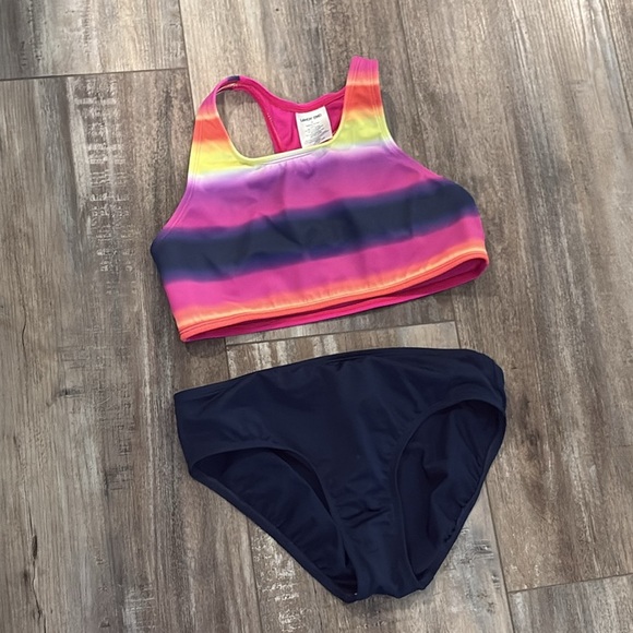 Lands’ End tie dye striped girls sports style bikini top and navy bottom size 12 - Picture 1 of 6